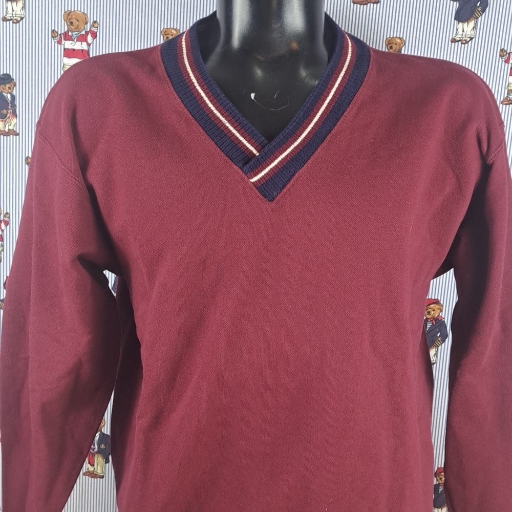 Vintage v-neck burgundy & blue trim LG casual preppy pullover sweatshirt